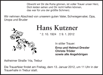 Traueranzeige von Hans Kutzner von Rüsselsheimer Echo, Groß-Gerauer-Echo, Ried Echo