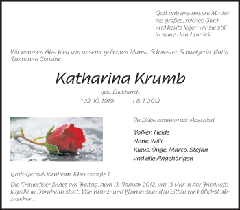Traueranzeige von Katharina Krumb von Rüsselsheimer Echo, Groß-Gerauer-Echo, Ried Echo
