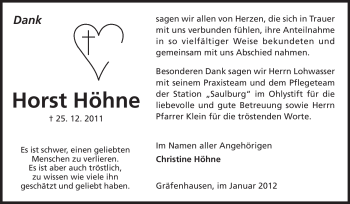 Traueranzeige von Horst Höhne von Echo-Zeitungen (Gesamtausgabe)