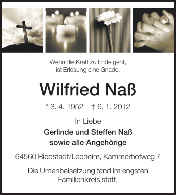 Traueranzeige von Wilfried Naß von Rüsselsheimer Echo, Groß-Gerauer-Echo, Ried Echo