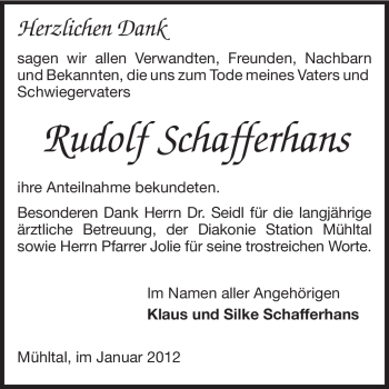 Traueranzeige von Klaus Schafferhans von Echo-Zeitungen (Gesamtausgabe)