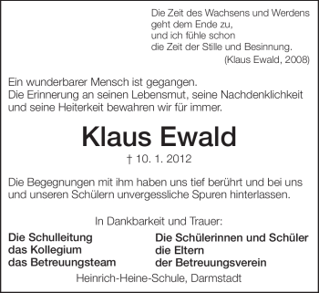 Traueranzeige von Klaus Ewald von Darmstädter Echo, Odenwälder Echo, Rüsselsheimer Echo, Groß-Gerauer-Echo, Ried Echo