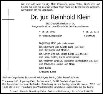 Traueranzeige von Reinhold Klein von Echo-Zeitungen (Gesamtausgabe)