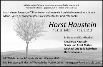 Traueranzeige von Horst Haustein von Odenwälder Echo