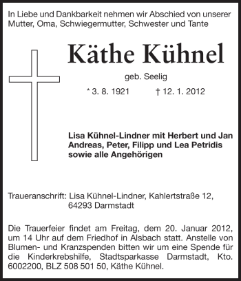 Traueranzeige von Käthe Kühnel von Darmstädter Echo, Odenwälder Echo, Rüsselsheimer Echo, Groß-Gerauer-Echo, Ried Echo