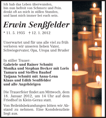 Traueranzeige von Erwin Senßfelder von Rüsselsheimer Echo, Groß-Gerauer-Echo, Ried Echo