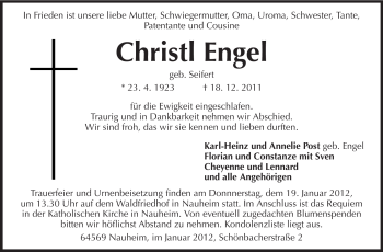 Traueranzeige von Christl Engel von Rüsselsheimer Echo, Groß-Gerauer-Echo, Ried Echo