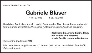 Traueranzeige von Gabriele Bläser von Rüsselsheimer Echo, Groß-Gerauer-Echo, Ried Echo