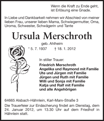 Traueranzeige von Ursula Merschroth von Echo-Zeitungen (Gesamtausgabe)