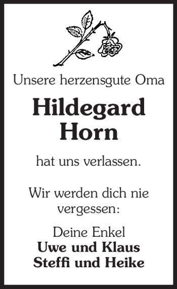 Traueranzeige von Hildegard Horn von Echo-Zeitungen (Gesamtausgabe)