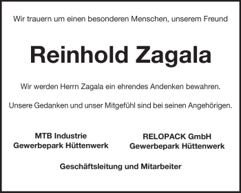 Traueranzeige von Reinhold Zagala von Odenwälder Echo