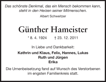 Traueranzeige von Günther Hameister von Echo-Zeitungen (Gesamtausgabe)