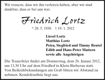 Traueranzeige von Friedrich Lortz von Darmstädter Echo, Odenwälder Echo, Rüsselsheimer Echo, Groß-Gerauer-Echo, Ried Echo