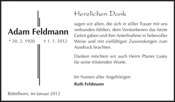 Traueranzeige von Adam Feldmann von Rüsselsheimer Echo, Groß-Gerauer-Echo, Ried Echo