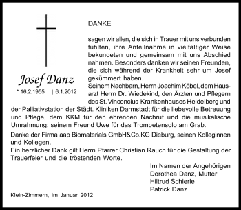 Traueranzeige von Josef Danz von Echo-Zeitungen (Gesamtausgabe)