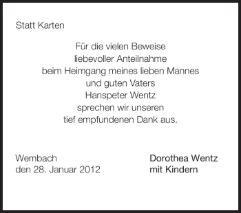 Traueranzeige von Hanspeter Wentz von Echo-Zeitungen (Gesamtausgabe)