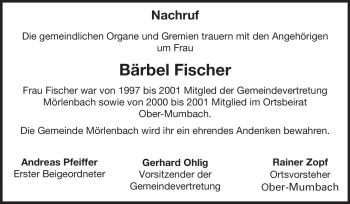 Traueranzeige von Bärbel Fischer von Starkenburger Echo