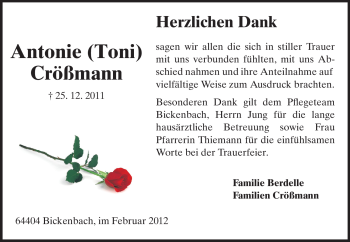 Traueranzeige von Antonie Crößmann von Echo-Zeitungen (Gesamtausgabe)