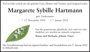 Traueranzeige von Margarete Sybille Hartmann von Echo-Zeitungen (Gesamtausgabe)