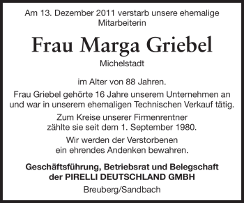 Traueranzeige von Marga Griebel von Odenwälder Echo