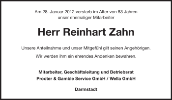 Traueranzeige von Reinhart Zahn von Echo-Zeitungen (Gesamtausgabe)