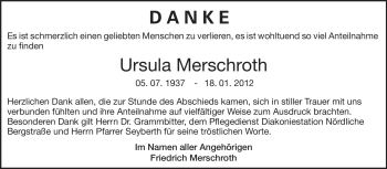 Traueranzeige von Ursula Merschroth von Echo-Zeitungen (Gesamtausgabe)