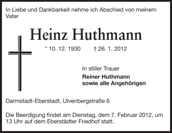 Traueranzeige von Heinz Huthmann von Echo-Zeitungen (Gesamtausgabe)