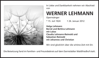Traueranzeige von Werner Lehmann von Echo-Zeitungen (Gesamtausgabe)