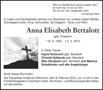 Traueranzeige von Anna Elisabeth Bertalott von Rüsselsheimer Echo, Groß-Gerauer-Echo, Ried Echo