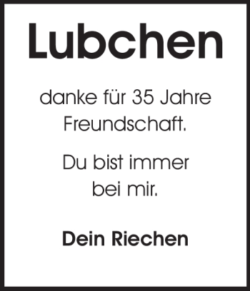 Traueranzeige von Lubchen  von Echo-Zeitungen (Gesamtausgabe)