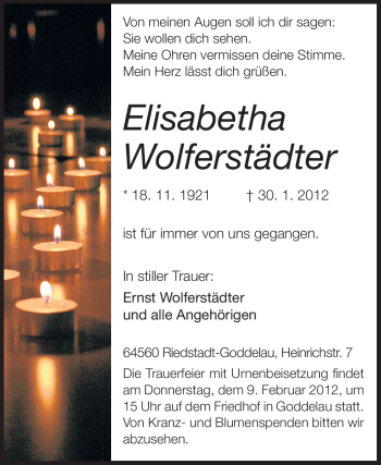 Traueranzeige von Elisabetha Wolferstädter von Rüsselsheimer Echo, Groß-Gerauer-Echo, Ried Echo