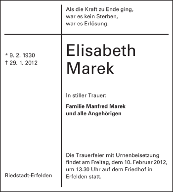 Traueranzeige von Elisabeth Marek von Rüsselsheimer Echo, Groß-Gerauer-Echo, Ried Echo