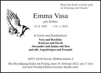 Traueranzeige von Emma Vasa von Rüsselsheimer Echo, Groß-Gerauer-Echo, Ried Echo