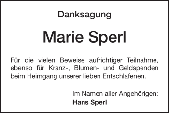 Traueranzeige von Marie Sperl von Echo-Zeitungen (Gesamtausgabe)