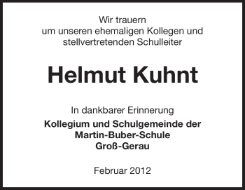 Traueranzeige von Helmut Kuhnt von Rüsselsheimer Echo, Groß-Gerauer-Echo, Ried Echo