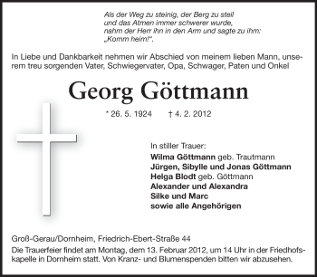Traueranzeige von Georg Göttmann von Rüsselsheimer Echo, Groß-Gerauer-Echo, Ried Echo