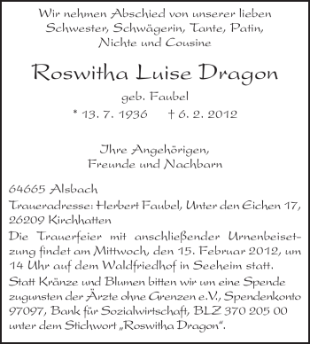 Traueranzeige von Roswitha Dragon von Echo-Zeitungen (Gesamtausgabe)