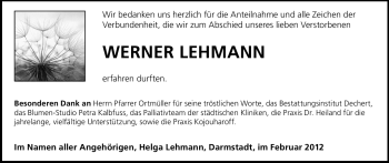 Traueranzeige von Werner Lehmann von Echo-Zeitungen (Gesamtausgabe)