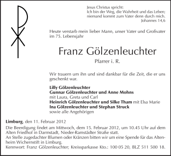 Traueranzeige von Franz Gölzenleuchter von Darmstädter Echo, Odenwälder Echo, Rüsselsheimer Echo, Groß-Gerauer-Echo, Ried Echo