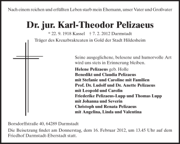 Traueranzeige von Karl-Theodor Pelizaeus von Echo-Zeitungen (Gesamtausgabe)