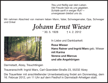 Traueranzeige von Johann Ernst Wieser von Echo-Zeitungen (Gesamtausgabe)