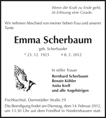 Traueranzeige von Emma Scherbaum von Echo-Zeitungen (Gesamtausgabe)