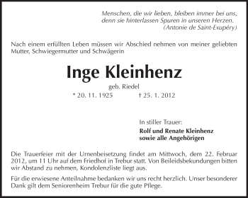 Traueranzeige von Inge Kleinhenz von Rüsselsheimer Echo, Groß-Gerauer-Echo, Ried Echo