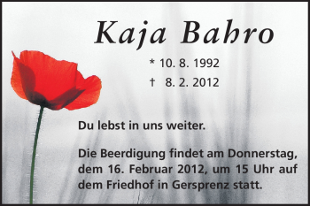Traueranzeige von Kaja Bahro von Echo-Zeitungen (Gesamtausgabe)