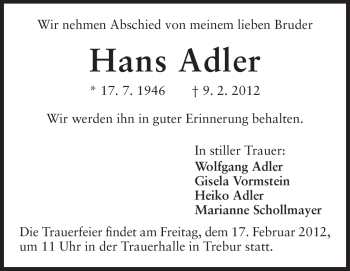 Traueranzeige von Hans Adler von Rüsselsheimer Echo, Groß-Gerauer-Echo, Ried Echo