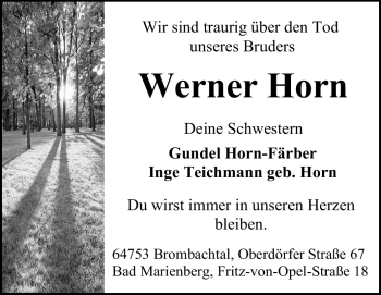 Traueranzeige von Werner Horn von Odenwälder Echo