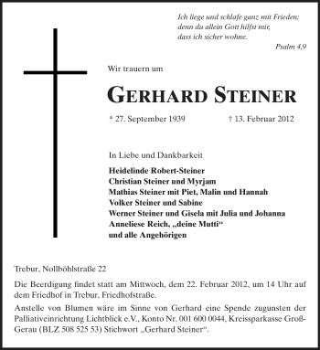 Traueranzeige von Gerhard Steiner von Rüsselsheimer Echo, Groß-Gerauer-Echo, Ried Echo