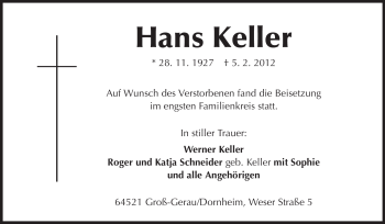 Traueranzeige von Hans Keller von Rüsselsheimer Echo, Groß-Gerauer-Echo, Ried Echo