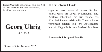 Traueranzeige von Georg Uhrig von Echo-Zeitungen (Gesamtausgabe)