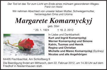 Traueranzeige von Margarete Komarnyckyj von Echo-Zeitungen (Gesamtausgabe)